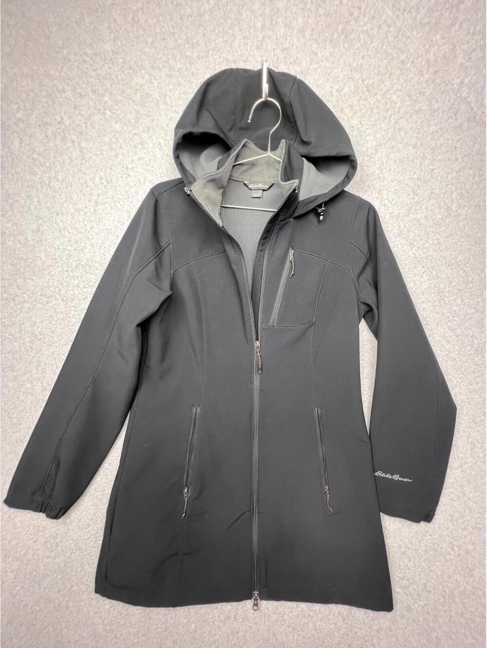 Eddie Bauer Womens M Black Softshell Jacket Hood Water Resistant Hiking Comfort